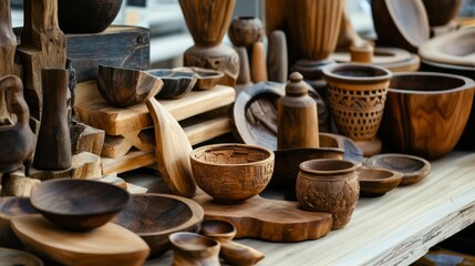 Handcrafted wooden kitchenware arranged on table for rustic traditional artisan culinary utensil natural material shot