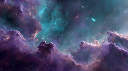 Fototapeta premium Purple and teal nebula cloudscape, cosmic dust and stars background, representing the vastness and mystery of space, ideal for fantasy or science fiction projects