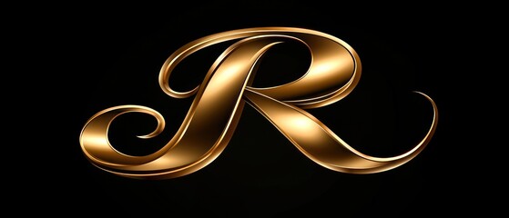Elegant gold letter R on black background.  Stylish, flowing script
