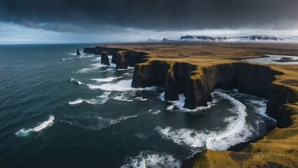 Dramatic Aerial View of Icelandic Cliffs and Stormy Sea Under a Dark Sky