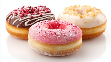 bakery donuts assorted set three toppings isolated white background sweet pastry colorful glazed