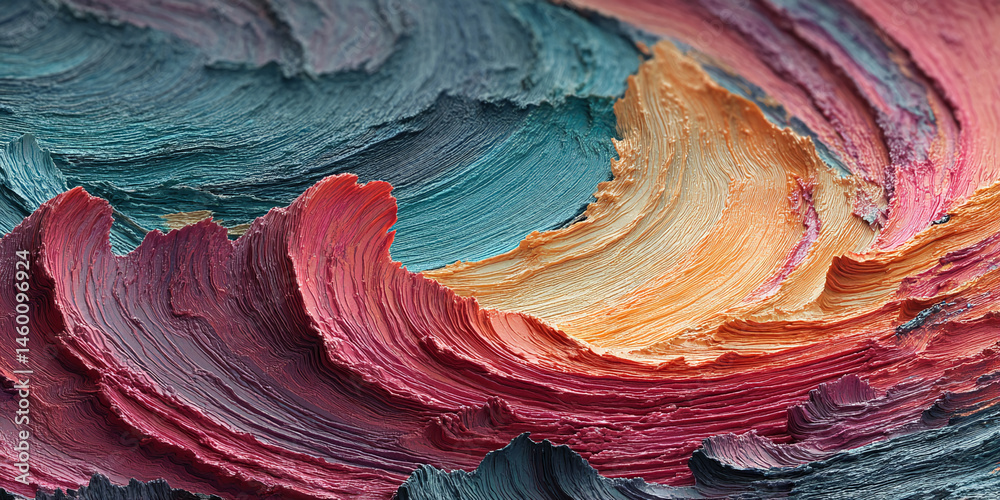 Poster close-up of textured paint strokes in teal, pink, and orange hues creating a swirling, wave-like pat