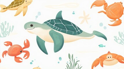 Adorable Ocean Animals: Colorful Turtles, Crabs & Sea Plants Illustration