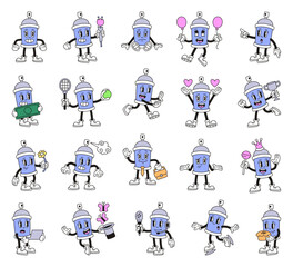 Spray can cartoon characters with emotions gestures objects accessories professions actions and food in groovy retro outline style