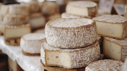 Artisan cheese wheels displayed at a farmer's market.