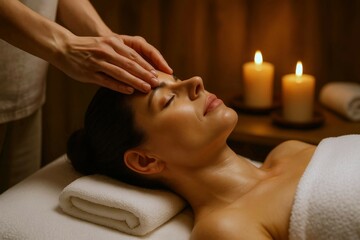 Relaxing facial massage session in spa with adult female lying on massage table, eyes closed, surrounded by warm candlelight and calming atmosphere