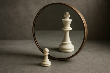 Chess pawn facing round mirror with its reflection showing a king piece, symbolizing ambition, potential, transformation and growth