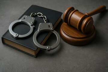Wooden judge gavel, metal handcuffs, and law book symbolizing justice, court proceedings, and criminal law enforcement