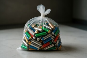 Transparent plastic bag filled with used batteries of various colors, symbolizing recycling and environmental awareness
