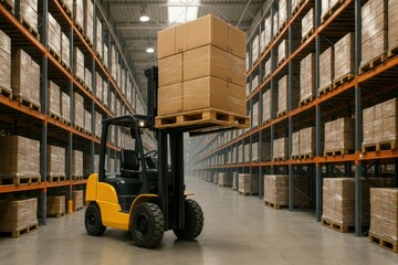 Yellow forklift transporting stacked cardboard boxes inside large warehouse with tall industrial shelves filled with goods