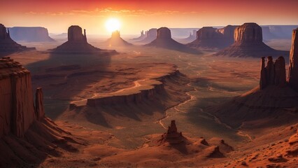 Sunset Over Monument Valley Cliffs – Desert Plateau Scene with Vivid Shadows and Red Rock Glow