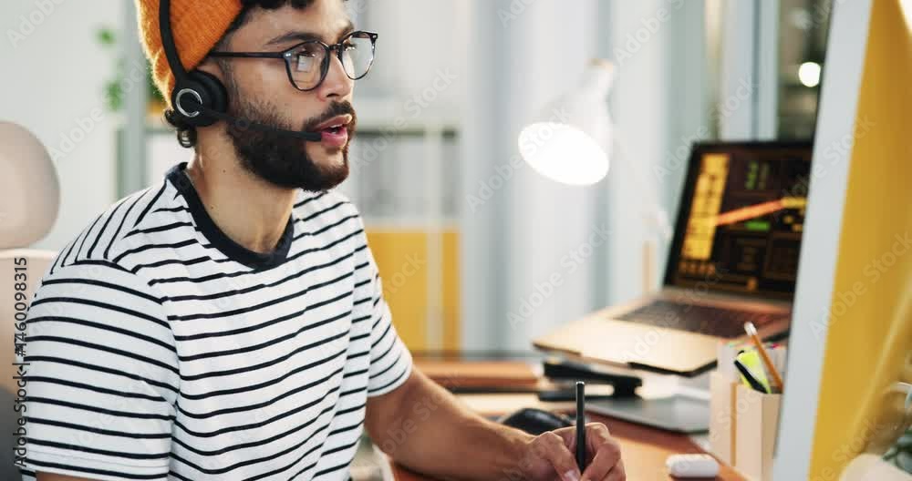 Poster call center, businessman and computer with notes for talking, crm questions and customer service. of