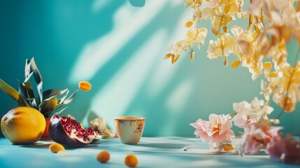 Still life with tea and lemon flowers for nature inspired table kitchen spring freshness herbs relaxation