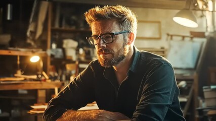 Contemplative artist immersed in his craft within his studio amidst creative ambiance