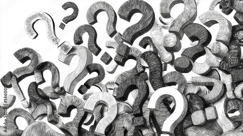 Poster Many grayscale question marks in a chaotic pile, creating a textured background representing uncertainty, inquiry, and the search for answers