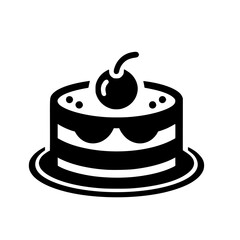 Simple Black Cake Icon with Cherry on White Background