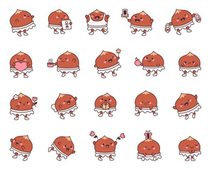 Chestnut ballerina cartoon characters in kawaii style dancing holding flowers books hearts cups wearing bows wings and performing on stage