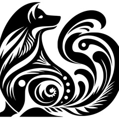 Stylized Fox Silhouette in Swirls: Black and White Graphic Design