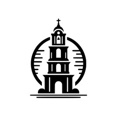Minimalist Church Tower Logo in Circle - Black & White, Vector
