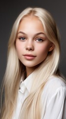 Naklejka premium Portrait of a Beautiful Young Woman with Blonde Hair and White Shirt