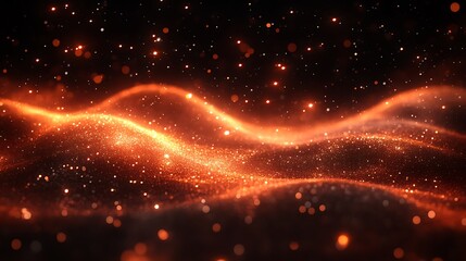 Glowing orange wavelike particles shimmer against a dark backdrop