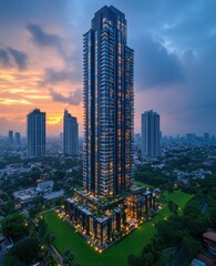 Obraz premium Skyscraper twilight city skyline aerial view