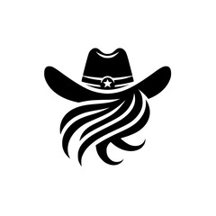 Western Silhouette Logo: Cowboy Hat with Flowing Hair, Black & White