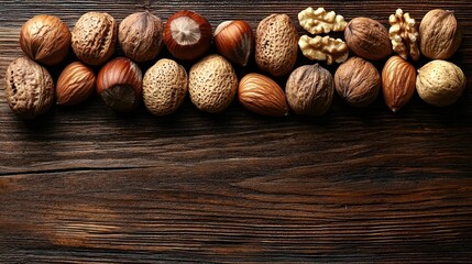 Assorted nuts arranged on rustic wooden surface.