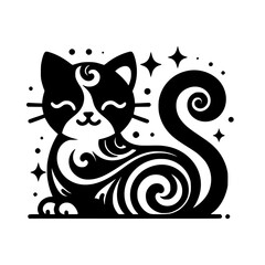 Black and White Cat Silhouette with Swirls and Stars