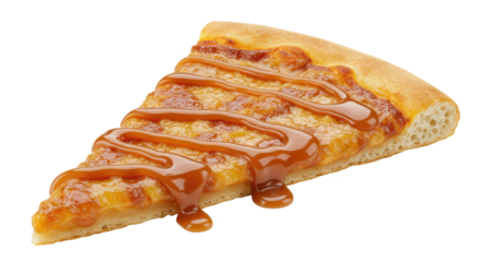A single slice of pizza with a golden crust and a generous topping of sauce isolated on a black background