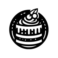 Black and White Cake Icon with Cherries in Circle