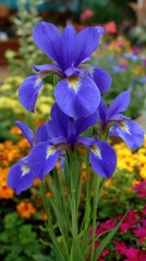 Blooming Purple Iris Flowers in a Colorful Garden Displaying Vivid Petals and Green Stems on a Sunny Day