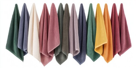 Naklejka premium Collection of Soft and Colorful Hand Towels Hanging, Perfect for Bathroom Decor or Everyday Use. A Variety of Shades for Any Style