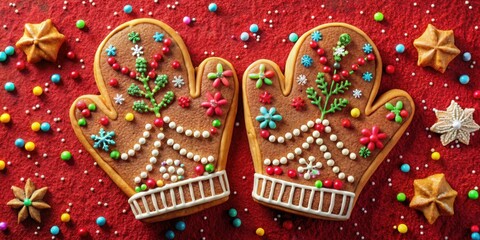 Naklejka premium Gingerbread cookies shaped as mittens decorated with colorful candies and sprinkles on a red surface