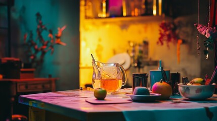 Colorful food and drinks on table with warm light for party lifestyle cozy dining festive evening