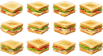 A grid of square sandwiches with various fillings and bread types arranged in a neat and organized display