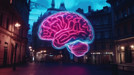 3D brain graphic in city night scene