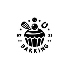 Modern Bakery Logo: Cupcake Icon with Whisk & Berries, Vector.