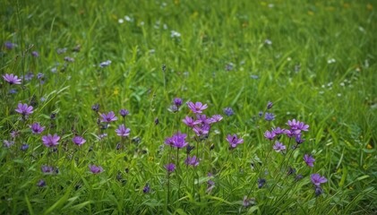 Obraz premium A vibrant purple wildflower blooms amidst lush green grass , natural, detail
