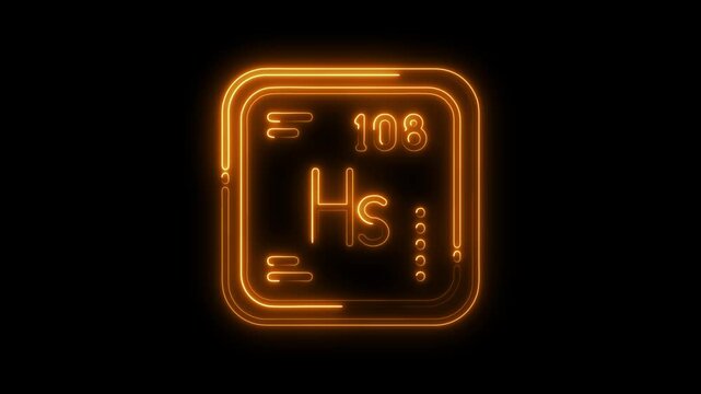 Hassium chemical element neon style presentation atomic number 108 on black background