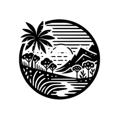 Tropical Landscape Silhouette in Circular Frame: Vector Design