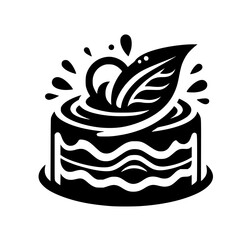 Black and White Cake Logo with Leaf and Splashes