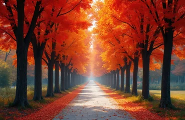 Fleecedeken met foto Colorful autumn alley with trees in fall. Pathway with fallen leaves. Orange and red foliage create vibrant scene in park. Beautiful autumn season landscape at sunny day. © miss irine