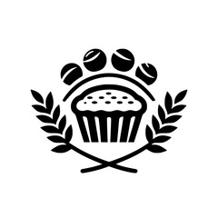 Pet Bakery Logo: Cupcake, Paw Print, and Wheat Stalks - Black and White