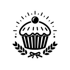 Elegant Black & White Cupcake Logo with Laurel Wreath