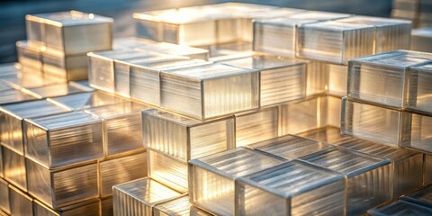 A translucent block structure illuminated by warm light, showcasing the interplay of light and form with subtle textures and intricate details.