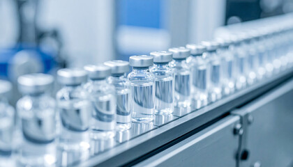 Vaccine vials on automated conveyor belt in pharmaceutical factory, clean high-tech environment