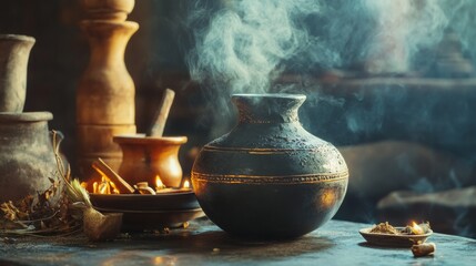 Steamy rustic pots with wooden ladle for traditional cooking culture heritage kitchen warmth aroma clay