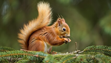 Obraz premium A small brown squirrel eating nuts on a tree branch in the forest.