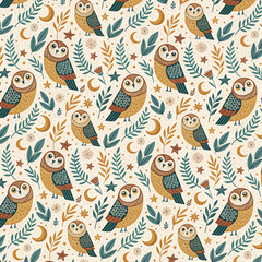 &ldquo;Whimsical Woodland Owls and Foliage Seamless Pattern &ndash; Vintage Nature Illustration&rdquo;